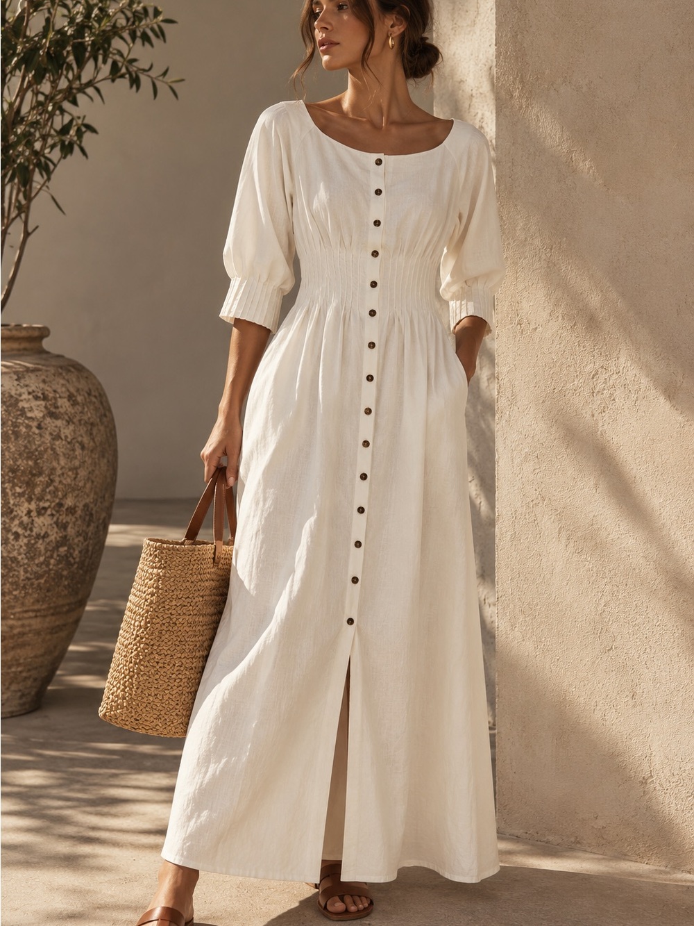 Mara Hoffman White Linen Tencel Button Front Maxi Dress Size 2